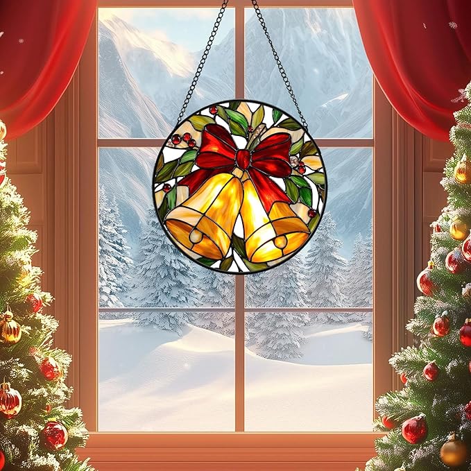 Christmas Stained Glass Window Hanging Sun Catcher, Christmas Bell Suncatcher with Red Bow for Window Ornament, Festive Wall Art Decor Gift for Women, Men (Golden Bell, 9'')