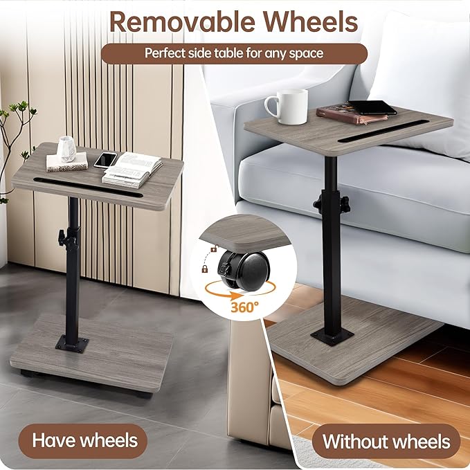 Aoligrace C Table End Table Adjustable Height, 360°Swivel TV Tray Table with Wheels, Small Side Table for Couch C Shaped End Table for Living Room Bedroom Small Spaces (Grey)