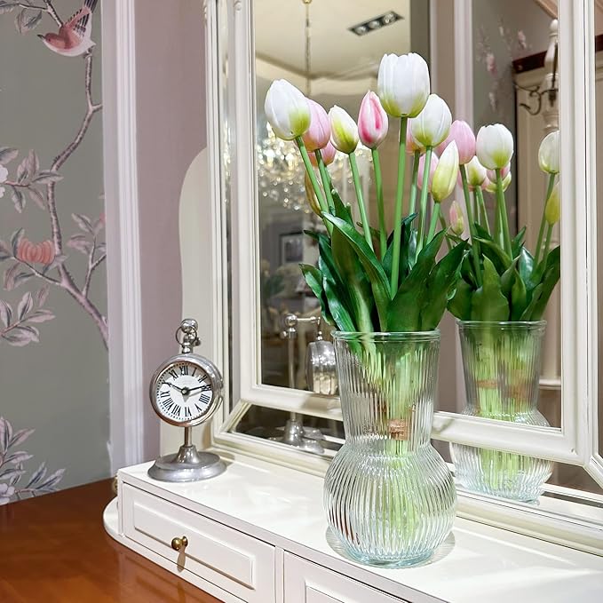 16-inch Premium Real Touch Fake Tulips, Artificial Flowers with Buds, Flexible Stem Easy to Shape, Faux Tulips (Vase not Included), 5-Pack Set of Piggy Pink