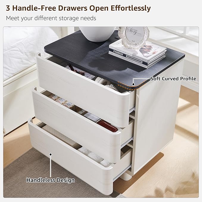 ACCOHOHO 22" Modern Nightstand Set of 2 with Charging Station, Push-to-Open 3 Drawers Bedside Table, Large End Table with Storage, Night Stand for Bedroom, Living Room, Curved Profile, Off White