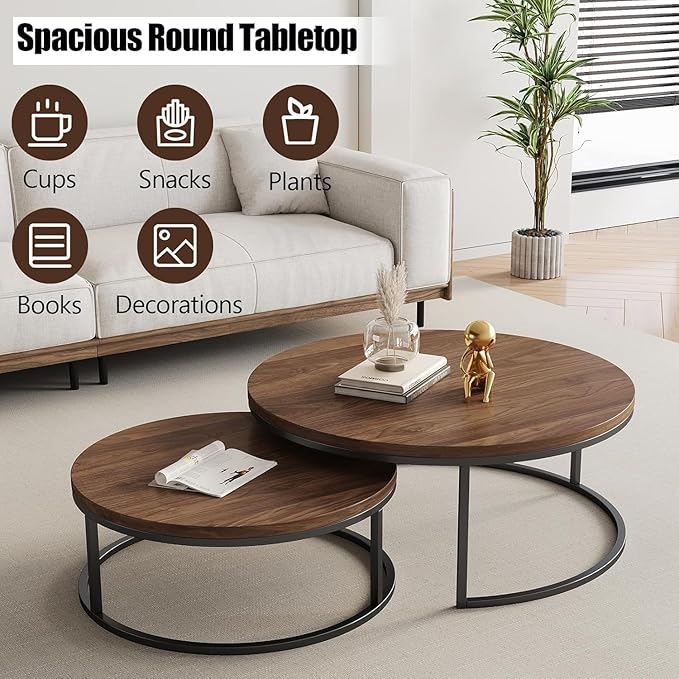 Round Nesting Coffee Table Set of 2, Modern Minimalist Accent Tables for Living Room, Bedroom, Office, Stackable Side Tables (Walnut)