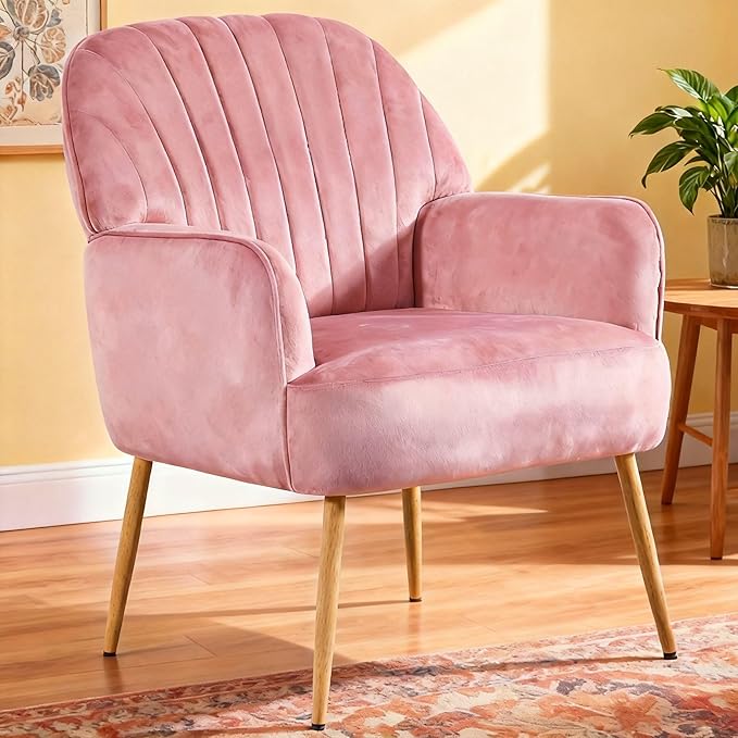 Velvet Accent Chair, Modern Upholstered Single Sofa Side Living Room Chair, Comfy Barrel Reading Armchair with Metal Legs for Bedroom, Waiting Room, Office and Cafe, Pink