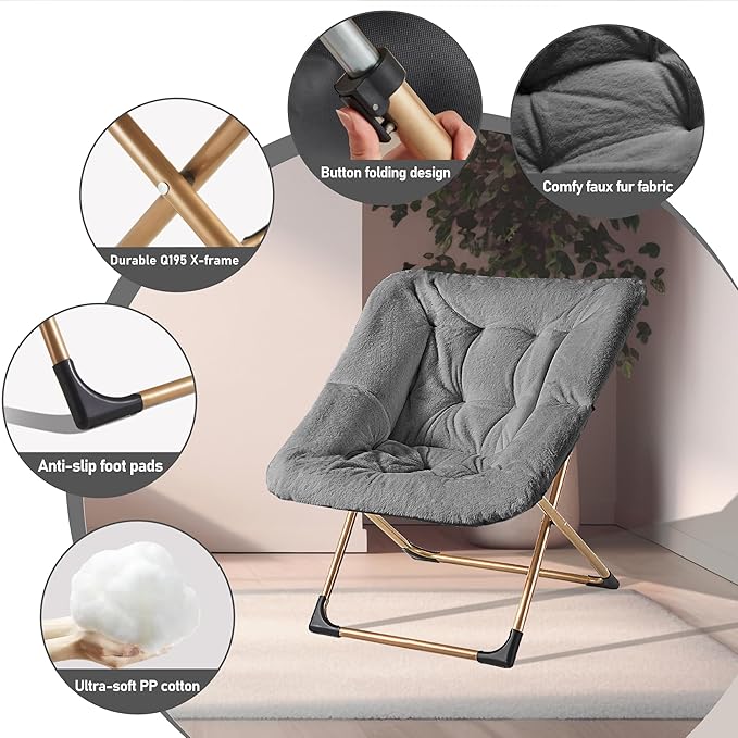 Comfy Oversized Saucer Chair, Soft Faux Fur Reading Lounge Chair for Adults, Stable X-Large Metal Frame and Non-Slip Pad, Foldable Cozy Chairs for Bedroom, Living Room, Dorm, Dark Gray