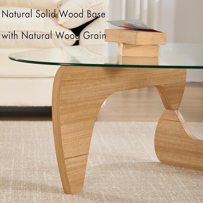 Glass Coffee Table, 44.5" Triangle Center Table with Wood Base Abstract Contemporary Coffee Table for Living Room Office Patio, Natural