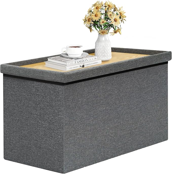B FSOBEIIALEO Storage Ottoman with Tray, Linen Coffee Table Folding Long Shoes Bench Footstool, Dark Grey 30"x15.74"x15"