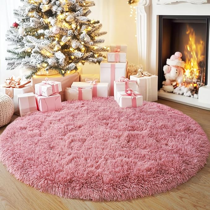 4'x4' Blush Round Rugs for Girls Bedroom, Ultra Soft Fluffy Circle Rug for Kids Room, Cute Shag Rugs for Living Room Playroom Tent Castle Home Decor Rug