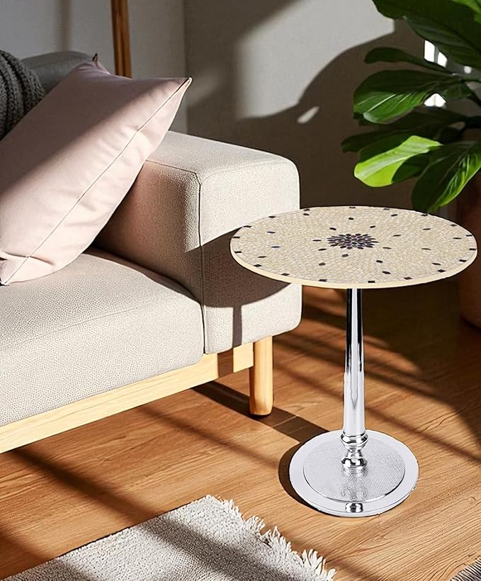 CLEENTABLE Mosaic Round End Table - Modern Coffee Accent Table with Artistic Top, Electroplated Silver Legs - Lightweight, Durable, Easy Assembly 15 x 21 Inches (Ivory Silver)