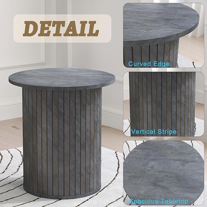 Round Side Coffee Table with Fluted Design Modern Wooden Accent End Table for Living Room, Bedroom, Office Small Nightstand(Grey)