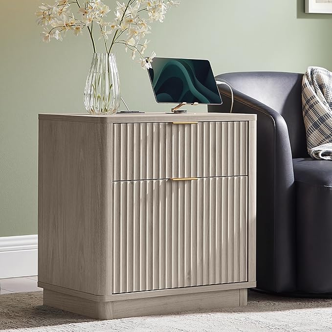 T4TREAM 23'' Fluted Nightstand with Charging Station, Large 2 Drawer Side Table, Modern End Table with Storage, Mid Century Bedside Table for Bedroom, Living Room, Curved Profile, White Alder