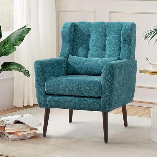 Modern Accent Chair, Upholstered Arm Chair with Waist Pillow, Single Sofa Chair for Living Room Bedroom Small Spaces (Teal)