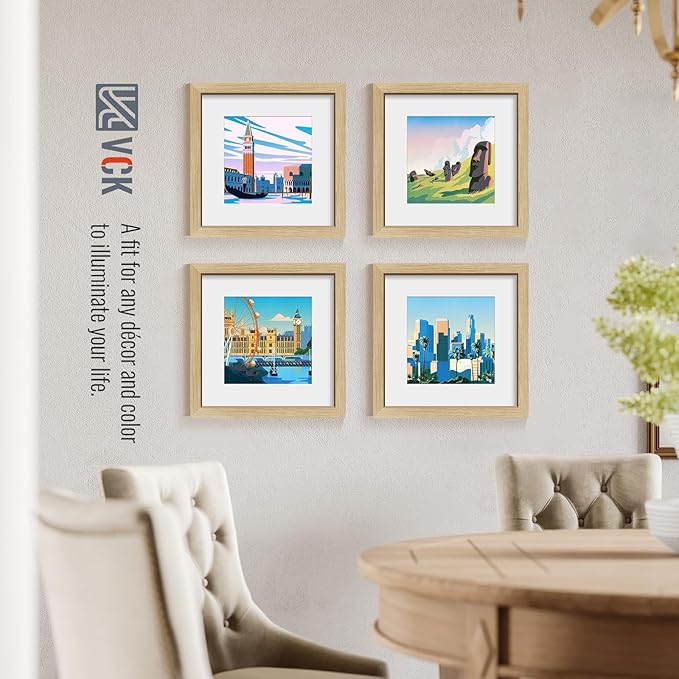 VCK 12x12 Picture Frame 5 Pack - Natural Oak, High-End Wood Poster Frames with Tempered Glass, Display 8x8 Photo with Mat or 12x12 without Mat, Art Gallery-Quality, Wall Hanging, Natural Oak
