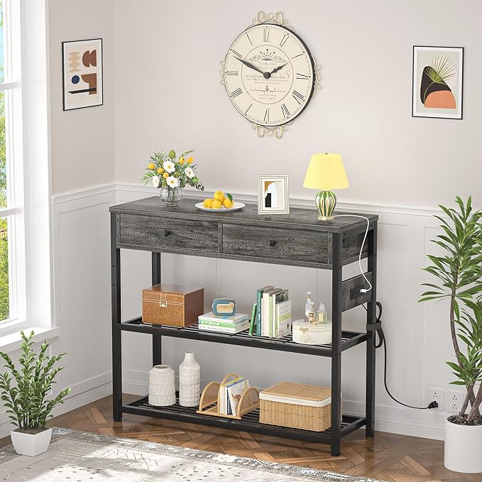 Ecoprsio Entryway Table with Outlets and USB Ports, Small Console Table with 2 Drawers, Sofa Table with Storage Shelves for Living Room, Couch, Hallway, Foyer, Kitchen Counter, 32'', Grey Oak