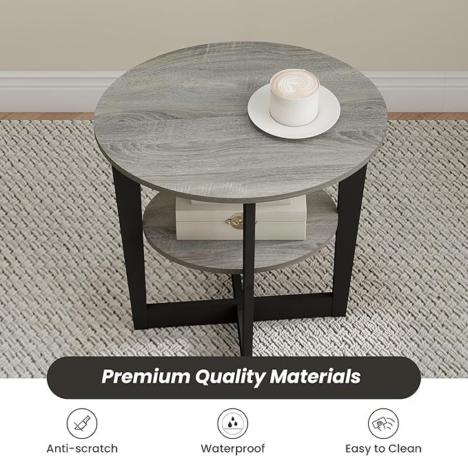 Small End Table, Round Side Table with 2-Tier Open Storage for Living Room, Apartment, Home Office, Small Spaces, Grey