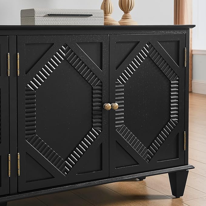 65.2" Mid Century Modern Sideboard Buffet Cabinet with Storage,Symmetrical Geometric Accent Coffee Bar Wine Bar Storage Cabinet,Large Console Table for Living Room/Entryway/Kitchen,Black