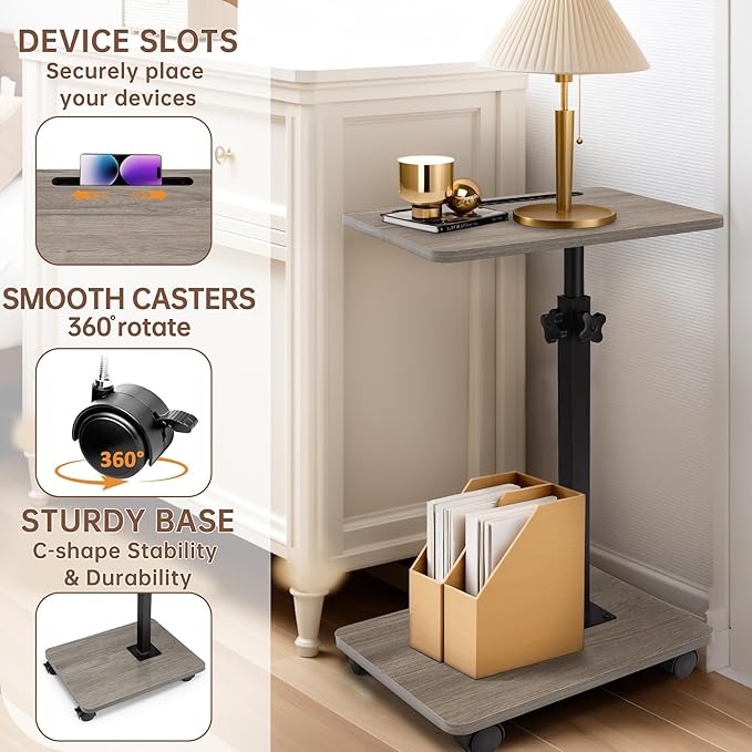 Aoligrace C Table End Table Adjustable Height, 360°Swivel TV Tray Table with Wheels, Small Side Table for Couch C Shaped End Table for Living Room Bedroom Small Spaces (Grey)