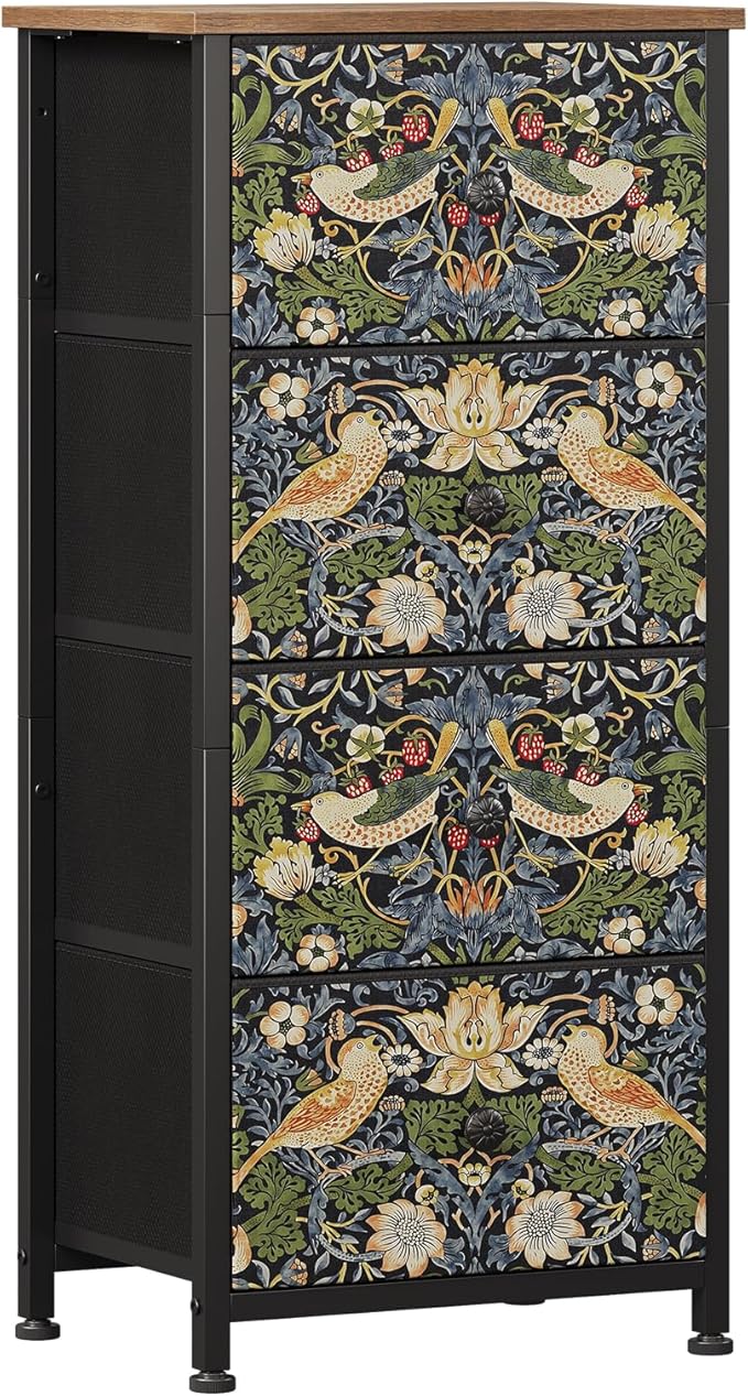 Dresser for Bedroom with 4 Drawer Strawberry Thief Dresser Vintage Storage Tower Unit Nightstand for Living Room Hallway Kids Room Closet Sturdy Steel Frame Wooden Top, Brown