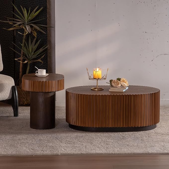 Nesting Coffee Table Set of 2, Modern Round Wooden Circle Accent Coffee Tables for Small Spaces Living Room Bedroom Balcony Office Drum Side Table
