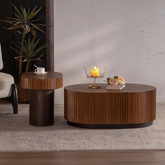 Nesting Coffee Table Set of 2, Modern Round Wooden Circle Accent Coffee Tables for Small Spaces Living Room Bedroom Balcony Office Drum Side Table