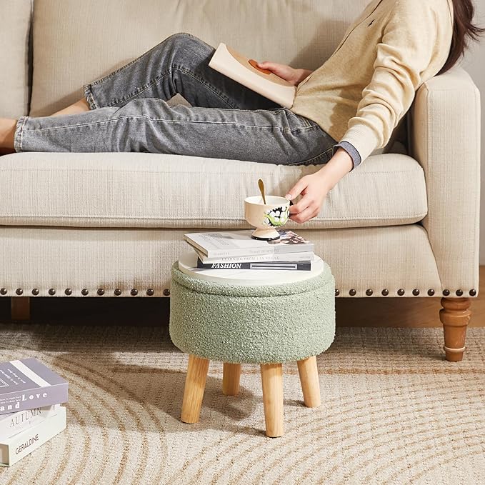 IBUYKE 13 Inch Foot Stool Ottoman with Storage, Round Small Foot Rest with Padded Seat and Wood Legs, Teddy Velvet Mini Footstool for Living Room Couch Bedroom Entryway, Green WBD006GR