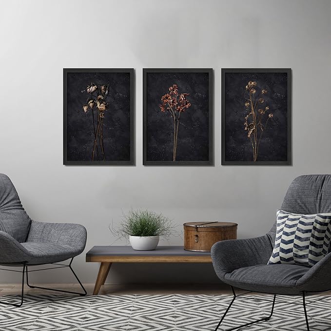 arfitest Vintage Flower Wall Art Dark Moody Wildflower Wall Decoration Minimalist Wildflower Frame Wall Decoration 16''x24'' Inch Set of 3 Black Photo Frames