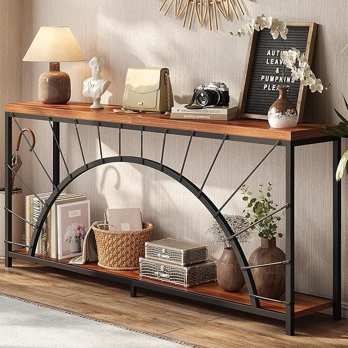 70.9 Inch Console Table, Extra Long Industrial Sofa Tables, 2-Tier Behind Couch Table, Foyer Tables for Entryway, Hallway, Living Room, Unique Design