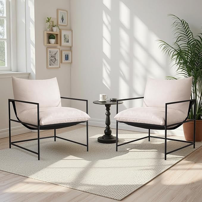 Sling Accent Chair Set of 2 with Metal Frame, Modern Armchair with Memory Foam Cushion, Comfy Lounge Chair for Living Room Bedroom Balcony, Beige