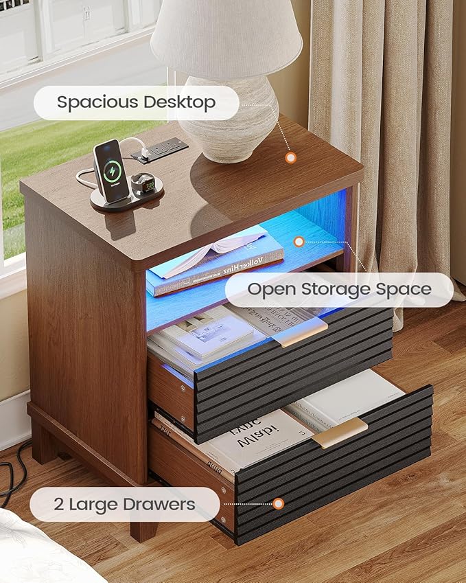 AOGLLATI Fluted Nightstand with Charging Station and 2 Drawers, Black Nightstand, Beside Table with Open Storage and Led Lights, Retro End Side Table for Bedroom, Black