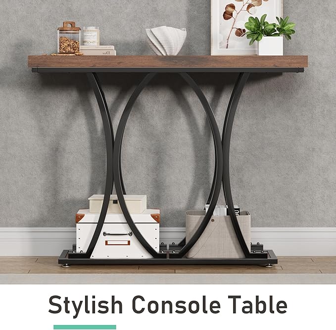 JUSTOGO 41.3" Industrial Entryway Table, Narrow Wood Sofa Console Table with Geometric Metal Legs and Ellipse Base, Living Room Furniture for Foyer, Hallway, Entrance, Rustic Brown
