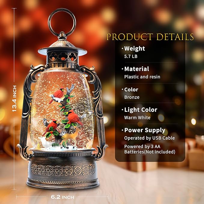 13.4" Christmas Snow Globe Lantern with Swirling Glitter Christmas Decorations Indoor, Cardinals & Rotating Tiny Animal Lighted Musical Snow Globes for Home Decoration USB Powered or Battery Operated