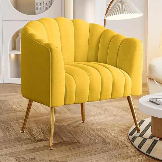 Oversized Pumpkin Couch Accent Chair, Modern Comfy Velvet Upholstered Barrel Chairs, Luxury Single Sofa Armchair for Living Room, Waiting Room, Office and Vanity, (Yellow)