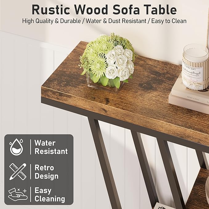 POZILAN 41.3" Console Table for Entryway, 4-Tier Sofa Entryway Table, Narrow Side Tables with Storage Shelves, Farmhouse Accent Hallway Tables for Living Room, Foyer, Entrance, Rustic Brown