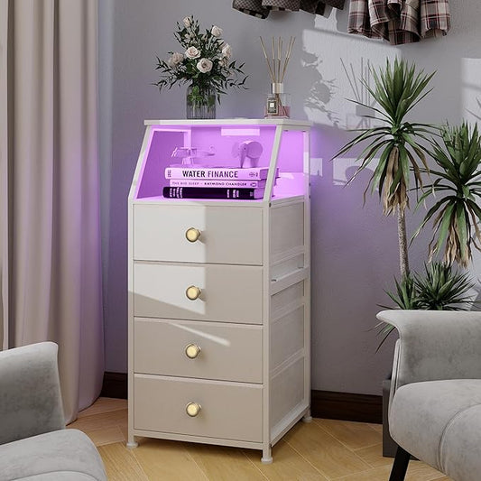 Tohomeor Dresser with Fabric Drawers Nightstand with 2 Tier Shelf Storage Tower for Bedroom Hallway Entryway Closet Organizer Sofa Beside Table Furniture (White, 4 Drawers)