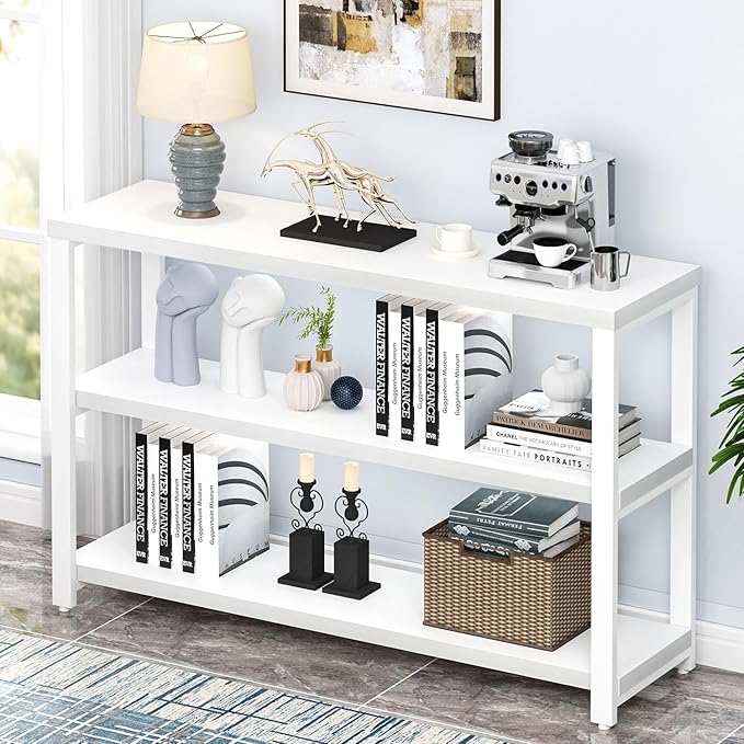 EXCEFUR Modern Entryway Table, Sofa Console Tables for Living Room, 3 Tier Foyer Table for Hallway, Behind Couch (47 Inch, White)