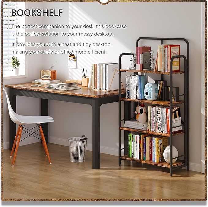 4NM No Assembly Folding Bookshelf, 4 Tiers Collapsible Book Shelves Open Industrial Foldable Storage Bookcase Shelf for Bedroom, Living Room, Home Office - Rustic Brown and Black