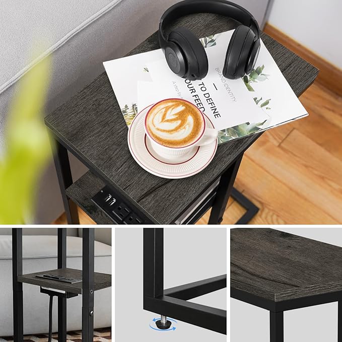 Yoobure C Shaped End Table with Charging Station for Living Room, Bedroom, Sofa Table with USB Ports and Outlets for Small Spaces, C Couch Rustic Snack Bed Table, Charcoal Gray