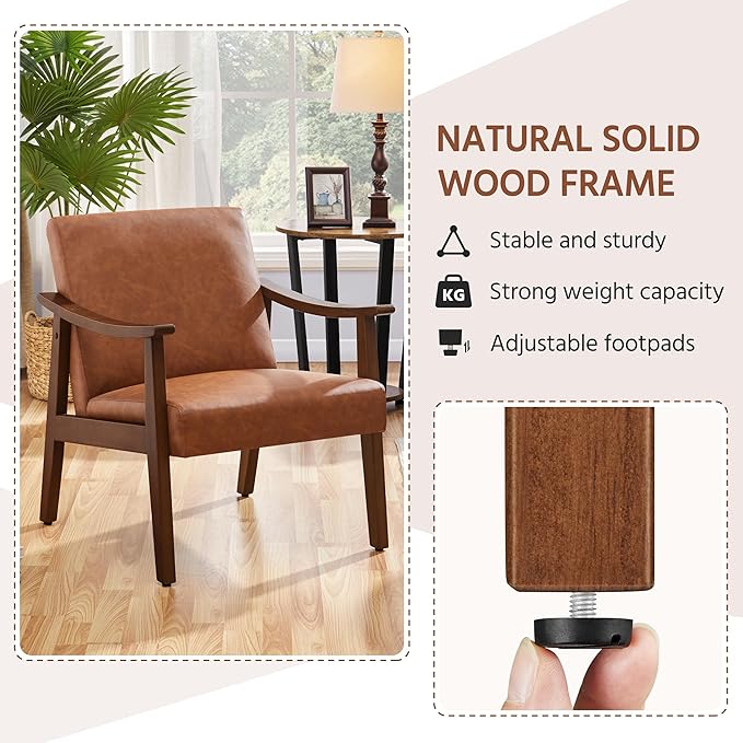 Yaheetech PU Leather Accent Chair, Mid-Century Modern Armchair with Solid Wood Legs, Reading Leisure Chair with High Back for Living Room Bedroom Waiting Room, Brown