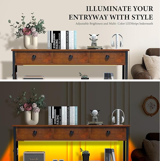 47" Narrow Console/Entryway Table with Storage & 3 Drawers & Outlets, for Sofa & Living Room, Hallway/Foyer/Couch/TV/ Aquarium Stand Table for Entryway with USB Ports, LED Light Strip,Perfect for Home