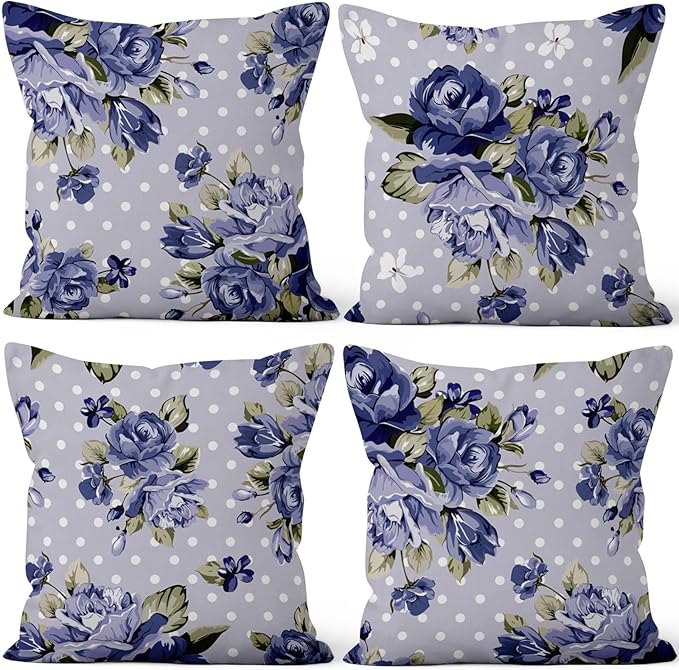 Blue Flower Throw Pillow Covers 26"x26" Set of 4, Retro Floral Decorative Pillowcases for Sofa Chair Couch Bed Living Room Office Car Garden Patio Farmhouse Indoor Outdoor