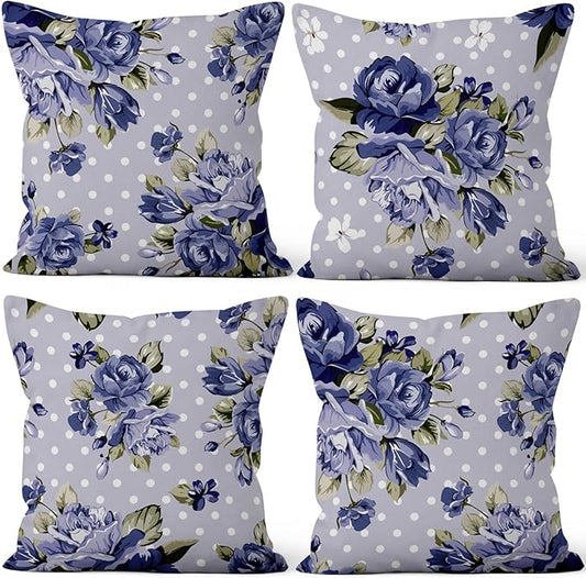 Blue Flower Throw Pillow Covers 16"x16" Set of 4, Vintage Floral Sofa Pillowcases for Chair Couch Bed Living Room Office Car Garden Patio Farmhouse Indoor Outdoor Decorative