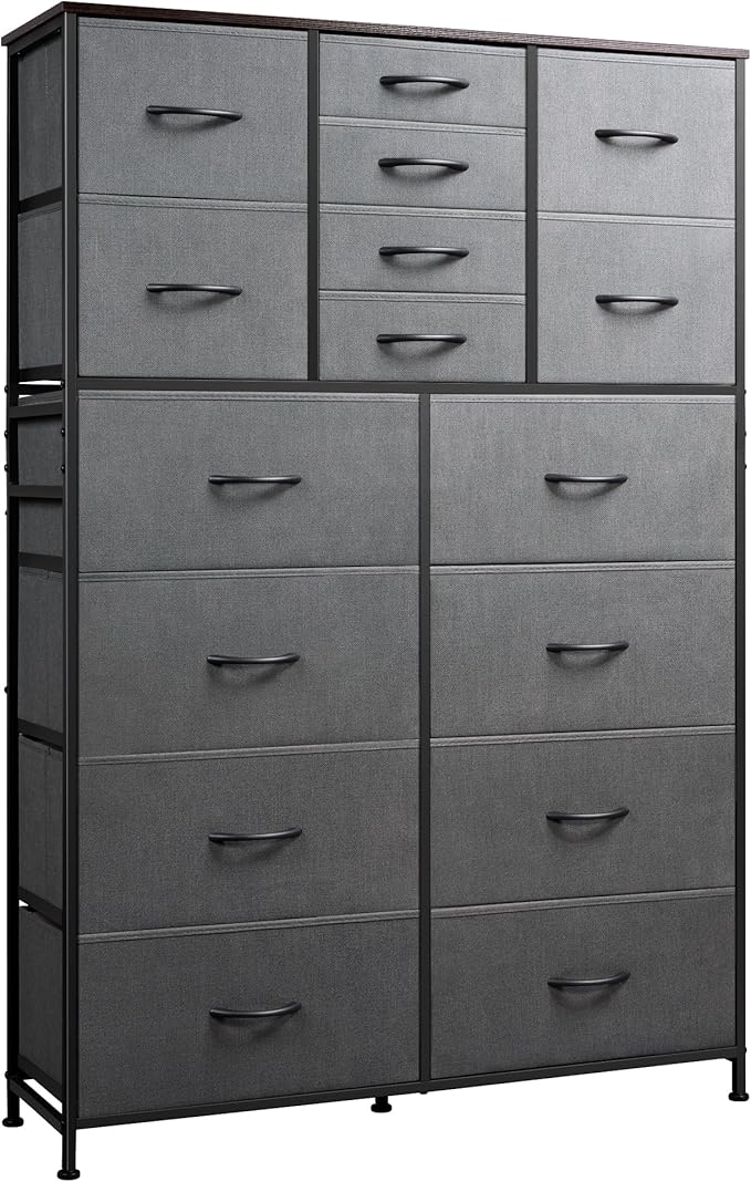 Tall Console Table with 16 Fabric Drawers, Entryway Table with Storage, Large Storage Organizer with Wood Top, Steel Frame for Living Room, Hallway, Office, Dark Grey