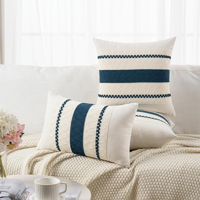 Fancy Homi Set of 2 Boho Teal Decorative Throw Pillow Cover 18x18 Inch for Couch Bed Sofa, Aesthetic Modern Organic Farmhouse Home Decor, Soft Cotton Cute Accent Macrame Woven Cushion Case