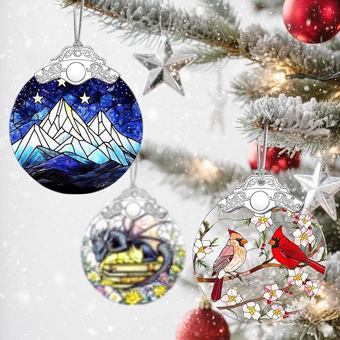 Stained Glass Ornament, Christmas Ornaments, Christmas Tree Ornaments & Holiday Decor – Gifts for Nature Lovers, Ideal Holiday Present & Xmas Gift - Starry Sky and Mountains