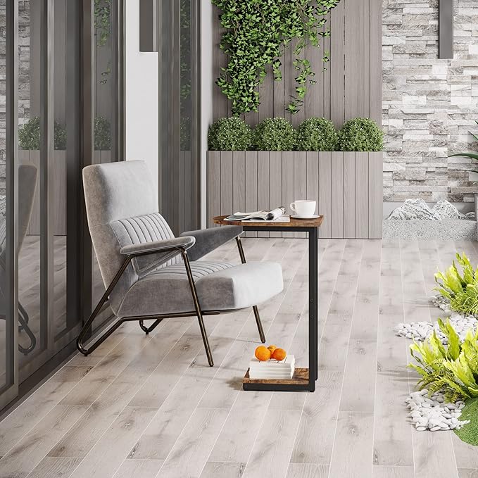 Hosfais Side Table Small End Table, C-Shaped Wood Sofa Table with Metal Frame for Living Room, Bedroom, Small Spaces (Rustic Brown)