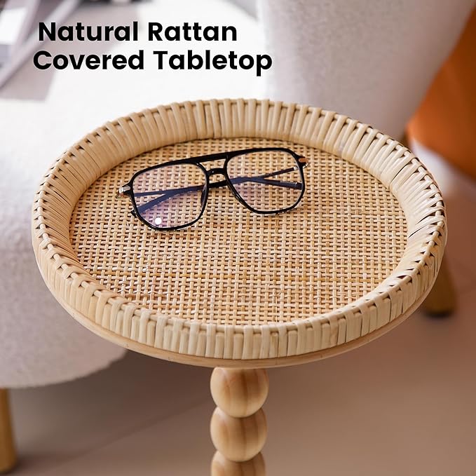 Drink Table，Rattan Round Small Side Table for Small Spaces, Boho Circle End Table Coffee Table with Solid Wood Leg for Living Room, Pedestal Table for Bedroom, Corners