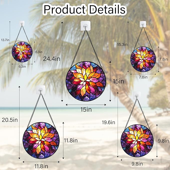 Stained Glass Window Hanging, Fuchsia Abstract Flowers Suncatcher for Window Home Decor Orange Sun Catcher Mother's Day Birthday Gifts for Women Men Mom Nana 7.8 in