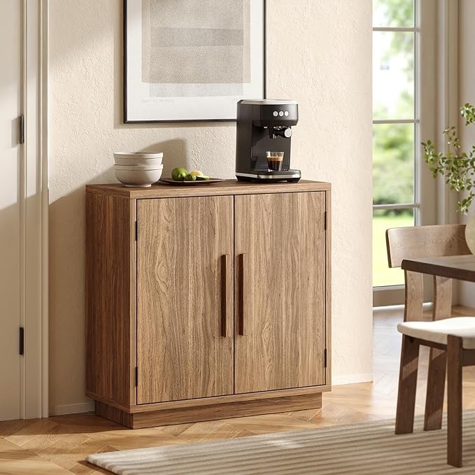 Sideboard Buffet Cabinet, Small Buffet Cabinet with Adjustable Shelf, Modular Wood Credenza Storage Console Table with 2 Magnetic Doors for Entryway, Living Room, Kitchen, Walnut, Brown