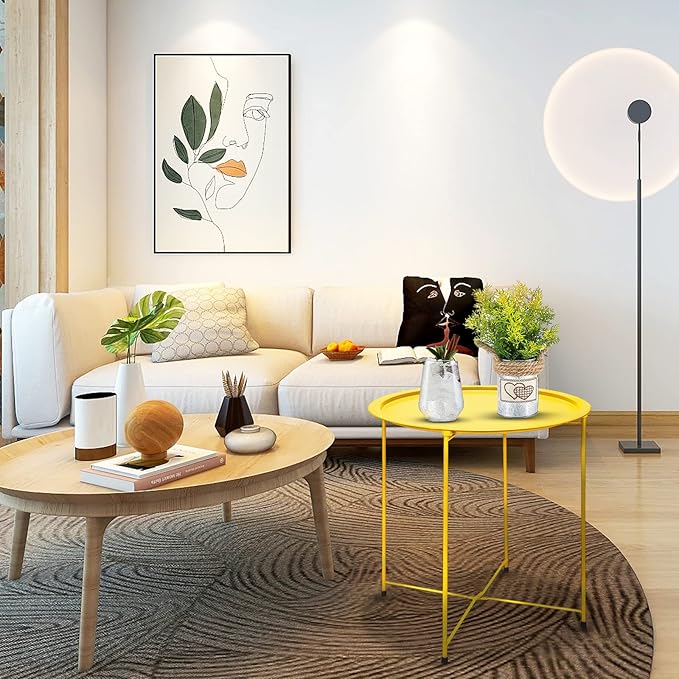 VILAWLENCE Metal End Table Side Table Round Folding Tray, Sofa Grey Small Accent Fold-able Side Table Tray,Outdoor Side Sofa Table, Snack Table for Living Room and Bed Room 18.5 in (Yellow)