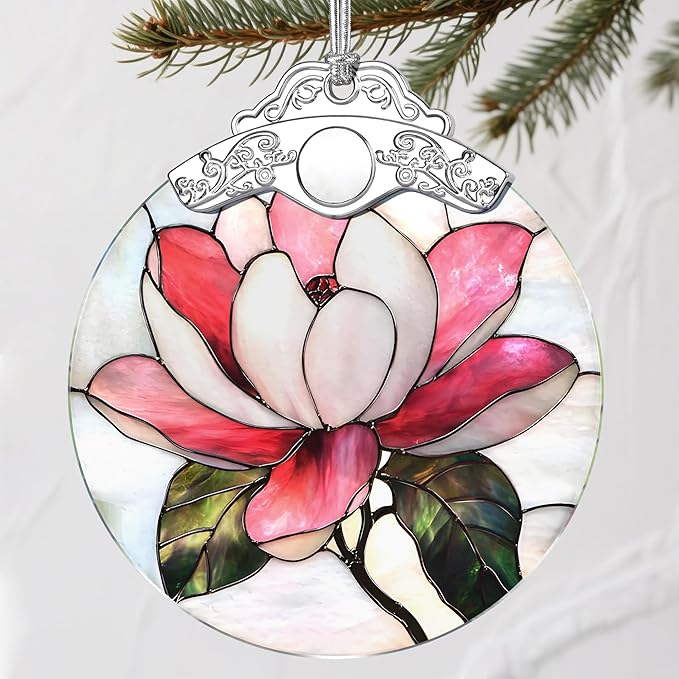 Stained Glass Magnolia Flower Christmas Ornament: Christmas Tree Ornaments & Decor, Holiday Decor – Holiday Presents, Gift Exchange Ideas & Elegant Keepsake for Family, Coworkers & Friends