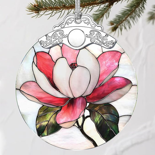 Stained Glass Magnolia Flower Christmas Ornament: Christmas Tree Ornaments & Decor, Holiday Decor – Holiday Presents, Gift Exchange Ideas & Elegant Keepsake for Family, Coworkers & Friends