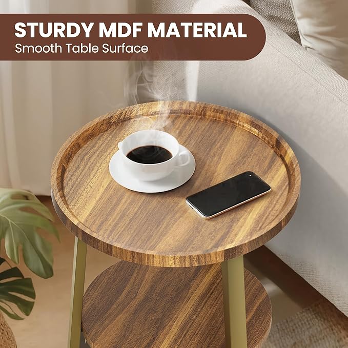 PPAMAPIC Round End Table, 2 Tier Side Table with Storage Shelf, Nightstand Accent Table for Living Room Bedroom Small Space, Golden Metal Frame, 19.7" D x 23.6" H, Rustic Brown